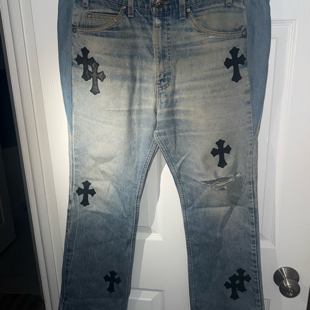 Chrome Hearts Light Blue Jeans with Black Cross Accents